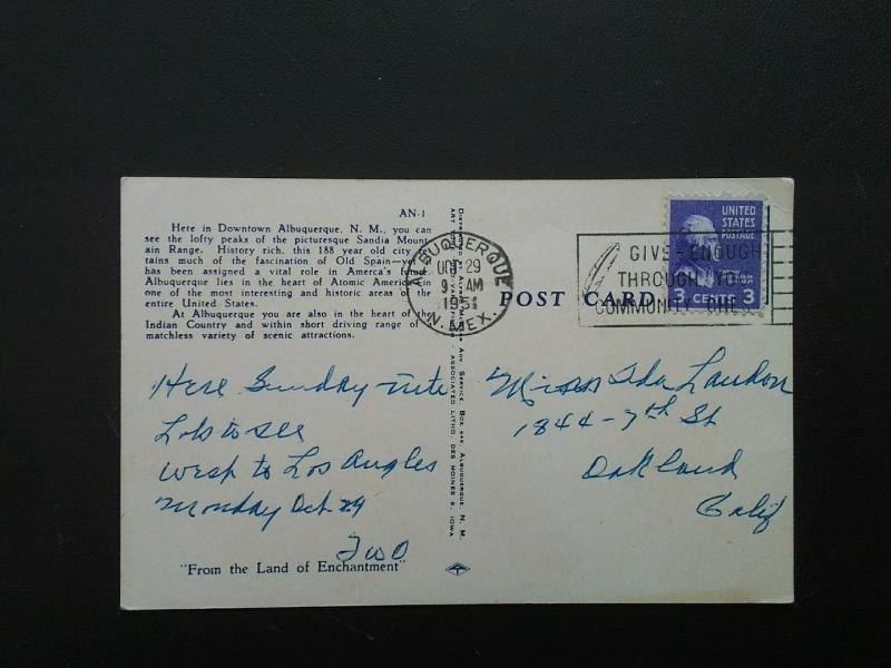 1951 Albuquerque Postmark, Linen Postcard--- Central Ave., Masonic Temple