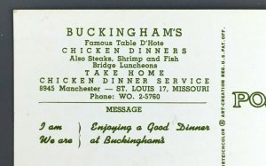 1950s Buckinghams Restaurant St Louis MO Postcard Chicken Dinners Front Porcch