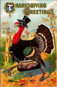 Thanksgiving Postcard Dressed Turkey Wearing Top Hat Carrying Luggage Bag