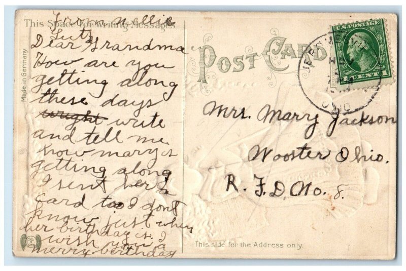 c1910's Birthday Greetings Dutch Woman Fish Net Flowers Basket Ship Postcard