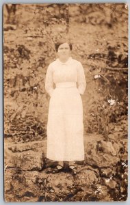 c1910 RPPC Real Photo Postcard Woman Ethel Fortune Standing Outside On Ledge