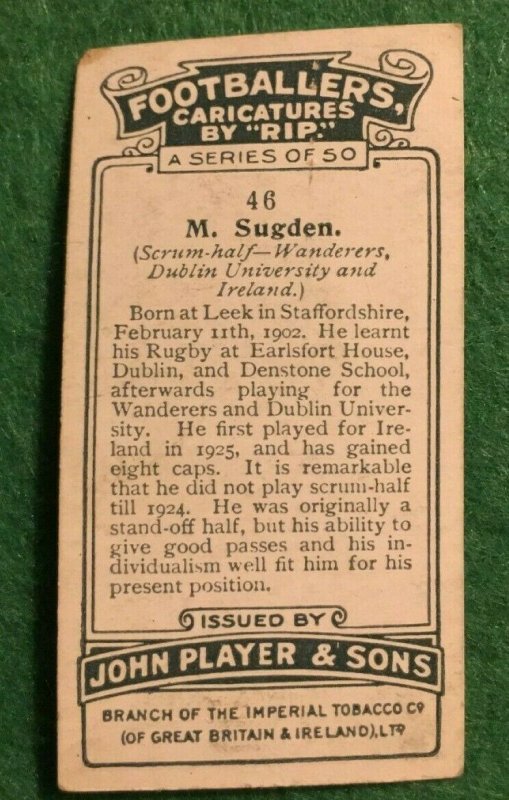 JOHN PLAYER FOOTBALLERS 1928 -9 #46  M. SUGDEN   (MM10) 