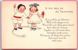 VINTAGE POSTCARD IF YOU WILL BE MY VALENTINE (2) CHILDREN BLUSHING c. 1910s