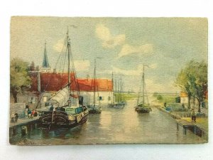Vintage Postcard 1910's Sailboats in Port Village Painting Scene
