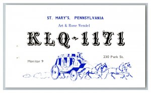 Postcard QSL Radio Card From St. Marys Pennsylvania KLQ-1171