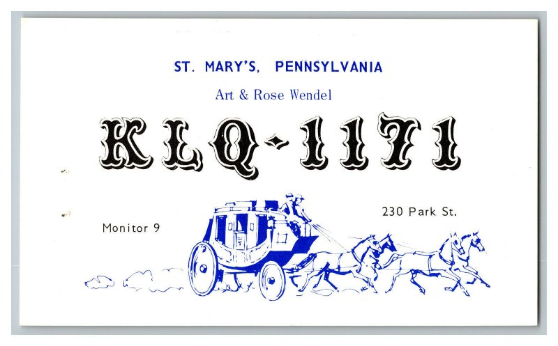 Postcard QSL Radio Card From St. Marys Pennsylvania KLQ-1171 