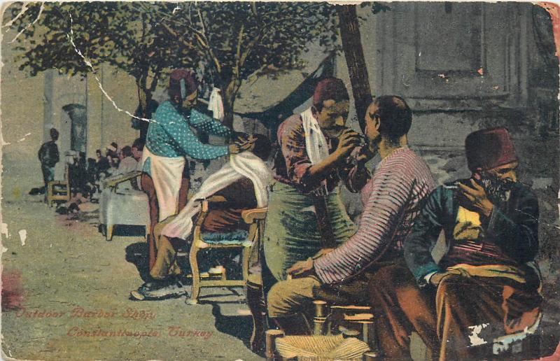 Outdoor Barber Shop Constantinople Turkey 1920s vtg. ethnic topic postcard