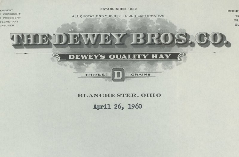 1960 The Dewey Bros Co Blanchester Ohio Trailerload Choice Timothy Hay Letter379 