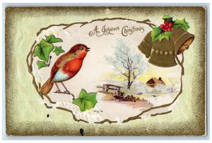 1911 Christmas Song Bird Holly Bells Embossed Bowler Wisconsin WI Postcard