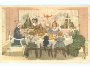 foreign Old Postcard signed EUROPEAN FAMILY HAVING DINNER AC2285