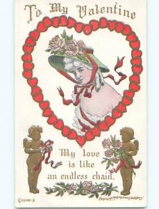 Pre-Linen valentine GOLDEN CUPIDS PLUS WOMAN INSIDE HEART MADE OF HEARTS k9753