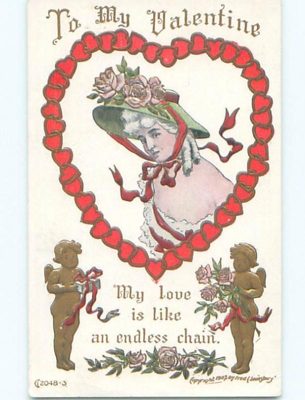 Pre-Linen valentine GOLDEN CUPIDS PLUS WOMAN INSIDE HEART MADE OF HEARTS k9753