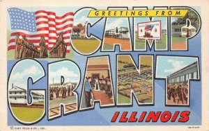 GREETINS FROM CAMP GRANT ILLINOIS MILITARY LARGE LETTER POSTCARD (1940s)