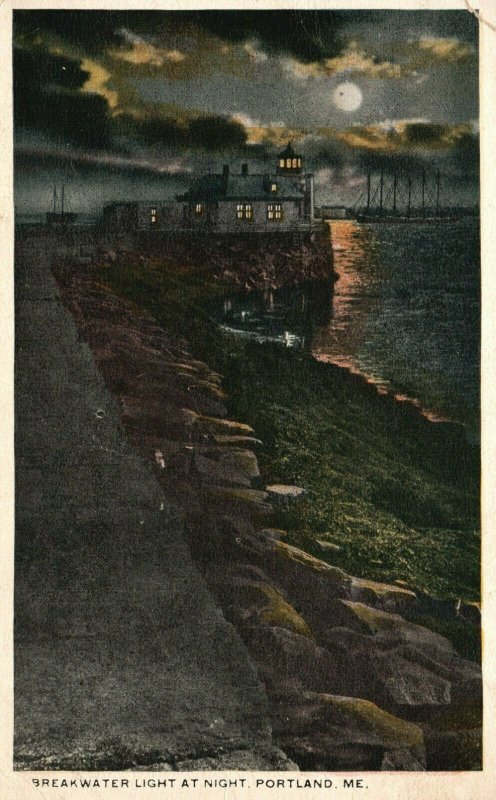 Vintage Postcard 1910s Breakwater Light at Night Lighthouse Portland Maine Ocean