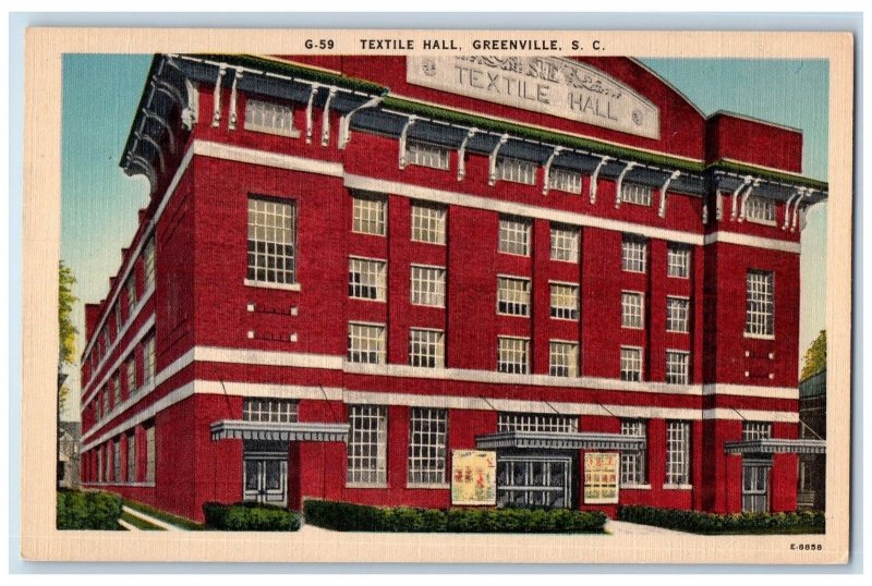 c1940's Textile Hall Exterior Greenville South Carolina SC Unposted Postcard 
