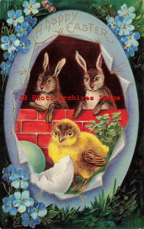 Easter, Unknown No 1320a, Rabbits at Brick Wall, Chick with Broken Egg Shell