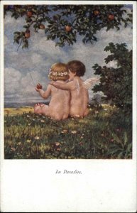 Fantasy Little Boy Fairy with Arm Around Little Girl Bare Butts Vintage Postcard