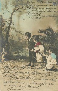 Postcard C-1910 Children Team rabbit hunting rifle hand color tint TP24-3077