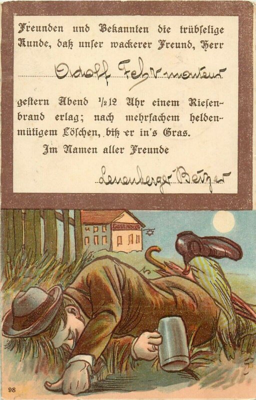 Alcohol drunk man caricature 1901 greetings postcard Switzerland 