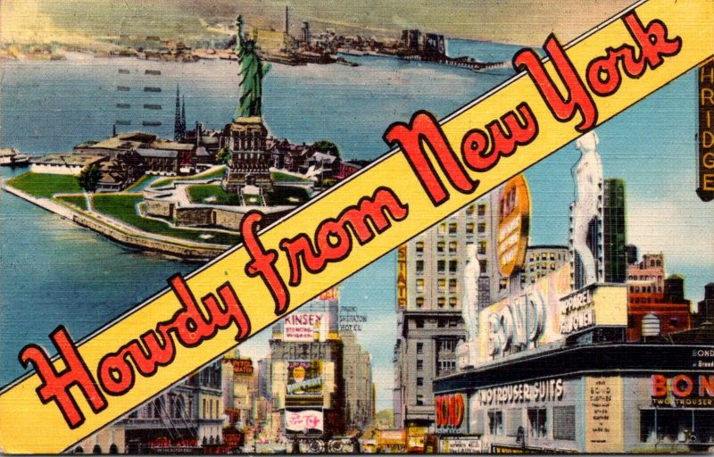 New York City Howdy Split View Showing Statue Of Liberty and Broadway 1952