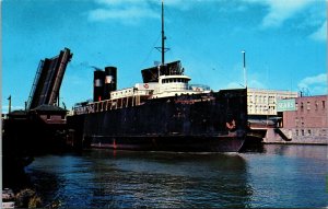 Vtg Car Ferry Passing Through South 8th Street Bridge Manitowoc WI Postcard