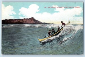 Hawaiian Islands Hawaii HI Postcard Surfriding Outrigger Canoe 1900 PMC Unposted