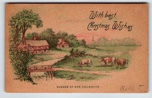 Christmas Postcard Farm Scene Country Village Cattle Scenes Of Childhood 1908