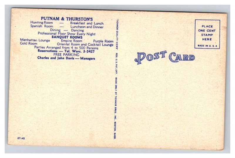 Vintage 1940s Postcard Putnam & Thurstons Restaurant Worcester Massachusetts