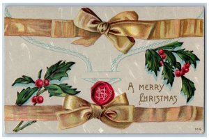 Owensville MO Postcard Christmas Holly Berries Ribbon Embossed 1911 Antique