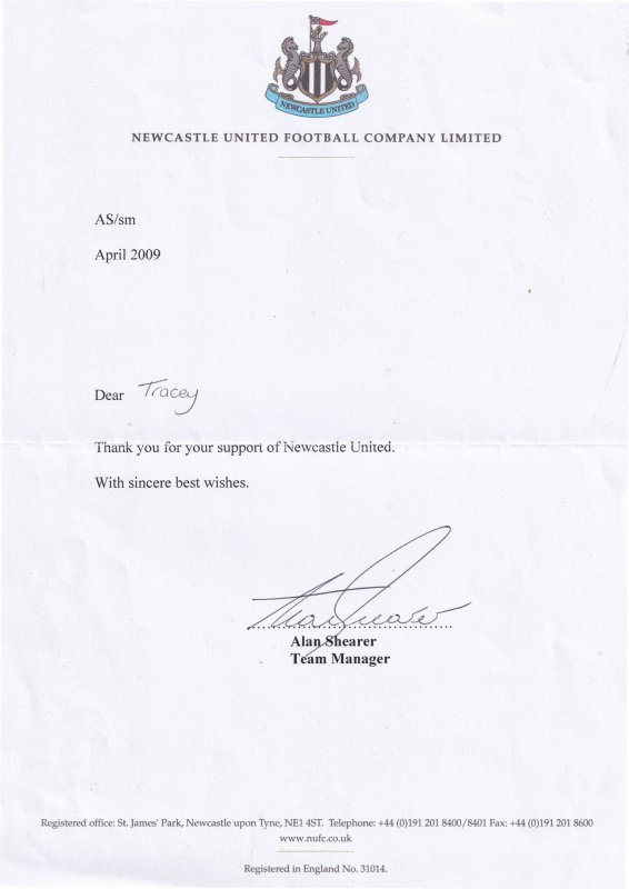 Alan Shearer Newcastle Football Club Manager Hand Signed Letter