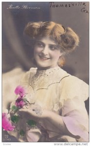 RP; Colored,  Portrait of Beattie Stevenson holding pink flowers, PU-1907
