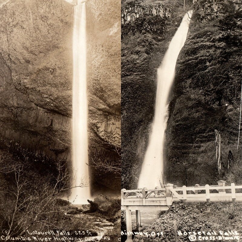 x2 LOT 1940s Columbia River Hwy OR RPPC Horsetail Latourell Falls Waterfall A165