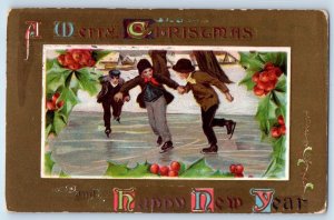 1908 Christmas New Year Children Ice Skating Winter Holly Berries Postcard