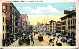Postcard NY Utica Genessee Street Looking South trolley scene 1923