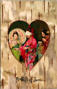 Vtg Valentines Gift of Love Asian Women Blindfolded Surprise Heart 1907 Postcard