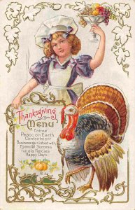 Thanksgiving Day Turkey Menu Girl Happy Holiday 1911 postcard