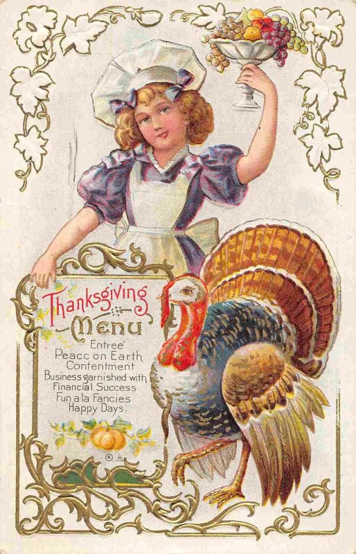 Thanksgiving Day Turkey Menu Girl Happy Holiday 1911 postcard