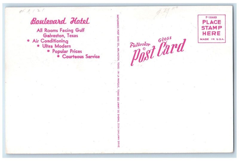 c1960's Boulevard Hotel Building Car Street View Galveston Texas TX Postcard