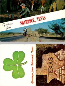 2~Postcards TX Texas  SHAMROCK Greetings COWBOY~LITTLE BOY In HAT~STATE SIGN