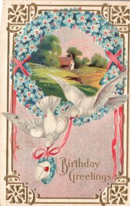 Vintage Postcard 1912 A Happy Birthday Greetings Card Flying Birds Flower Wreath