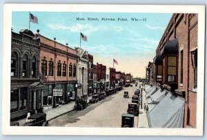 c1920's Main Street Buildings Classic Cars View Stevens Point Wisconsin Postcard