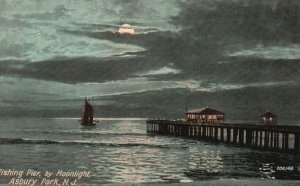 Vintage Postcard Fishing Pier By Moonlight Scenic View Asbury Park New Jersey NJ