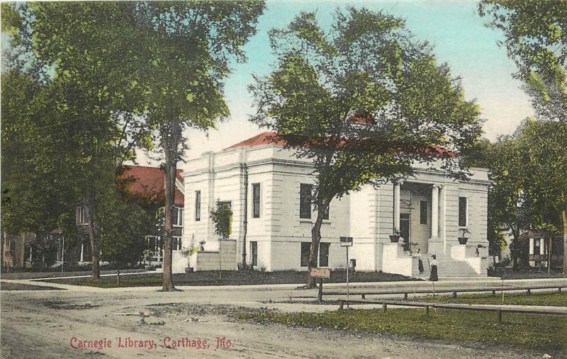 c1910 Hand-Colored Postcard Carnegie Library, Carthage MO Jasper County unposted