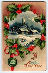 Joyful New Year Postcard Church Snow Holly Wreath Embossed Vintage 1910 Germany