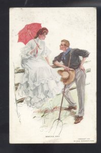 ARTIST SIGNED HARRISON FISHER MAKING HAY PRETTY WOMAN FARMER 1911 POSTCARD