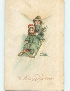 Divided-Back christmas TWO GIRLS RIDING ON A TOBOGGAN SLED o4283