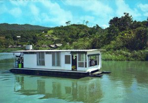 VINTAGE CONTINENTAL SIZE POSTCARD SEPIK RIVER HOUSE BOAT PAPUA NEW GUINEA