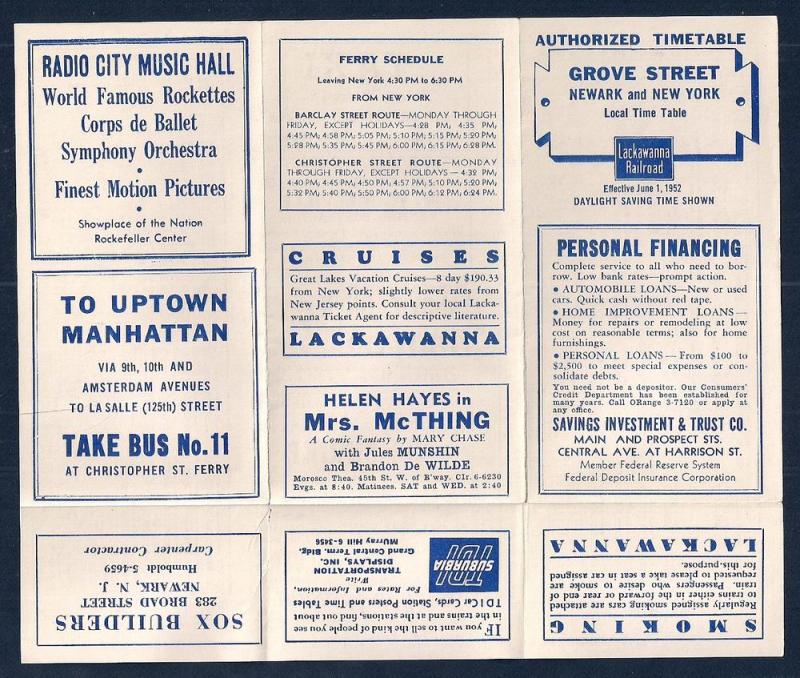 LACKAWANNA Railroad Timetable Newark NJ to Grove St NY c1952