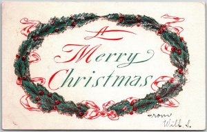 A Merry Christmas, 1908 Holly Wreath with Berries & Red Ribbon, Vintage Postcard
