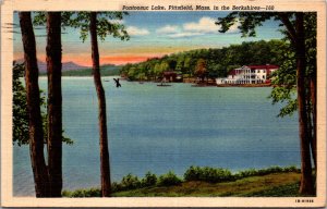 Pittsfield MA Pontoosuc Lake Berkshires hotel boats sunset vtg postcard